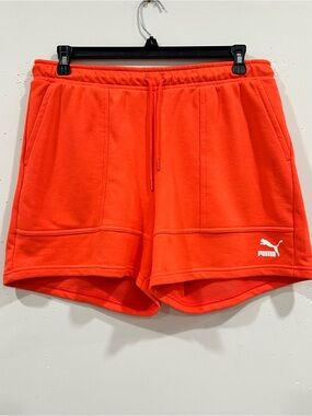 PUMA Women’s Classic French Terry High Waisted Shorts Orange Coral Size L